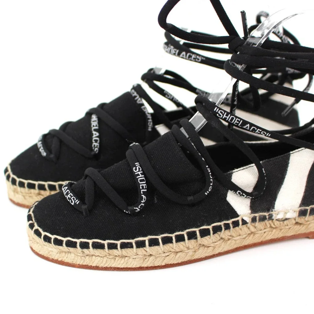 Off-White Black White Diagonal Stripe Ankle Wrap Canvas Espadrilles 35 Flats